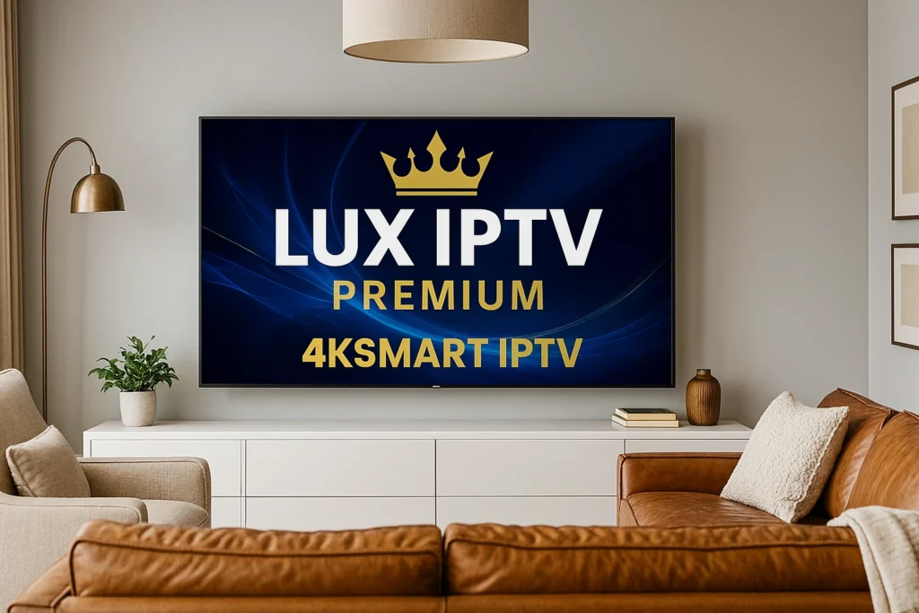 Lux IPTV Premium streaming interface on a 4K smart TV in a modern living room