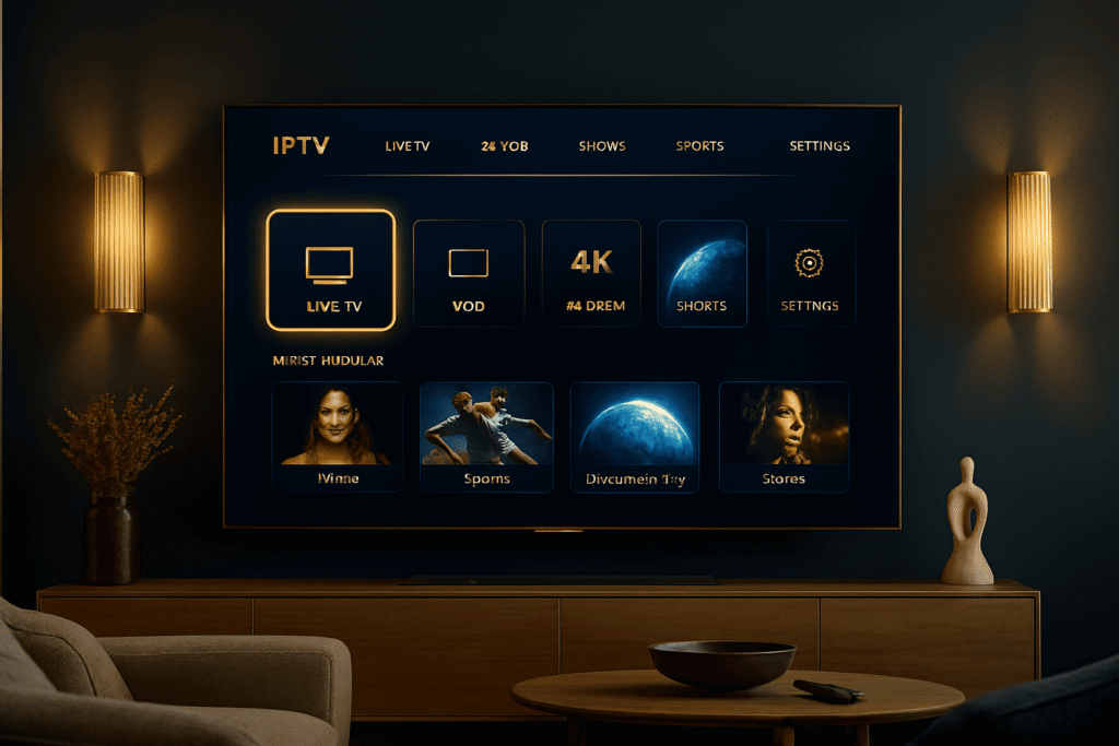Interface premium d’un abonnement IPTV Lux en qualité 4K dans un salon moderne