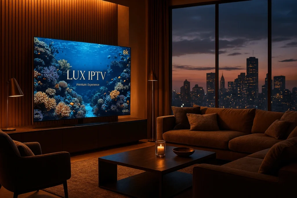 Un salon de luxe avec une télévision 8K géante affichant l'interface des Abonnements Lux IPTV, illustrant le summum de l'IPTV premium 2025.