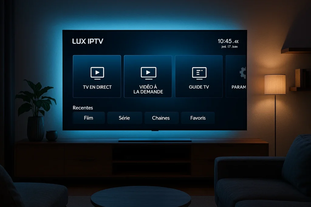 Interface lux iptv smart tv affiché sur un écran Smart TV moderne avec design premium et ambiance 4K