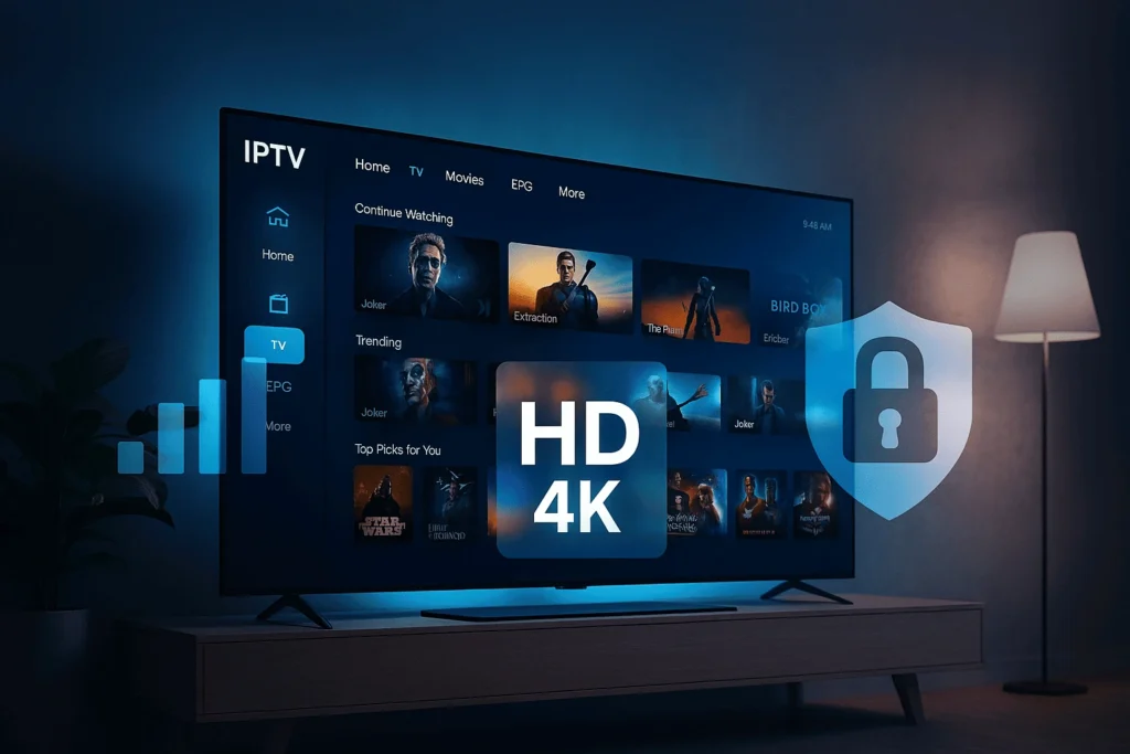 Interface moderne 4KSMART IPTV sur TV 4K dans un salon premium — guide pour savoir ou acheter abonnement IPTV fiable en France