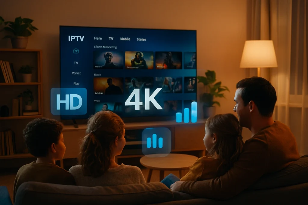 Famille profitant d’un service IPTV 4K France — avantages d’un abonnement IPTV fiable