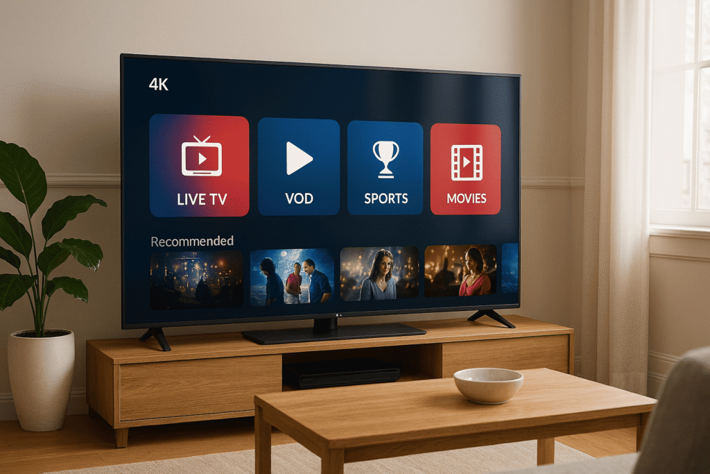Modern 4K TV setup showcasing a premium france ip tv interface with French-themed colors and a clean streaming dashboard.