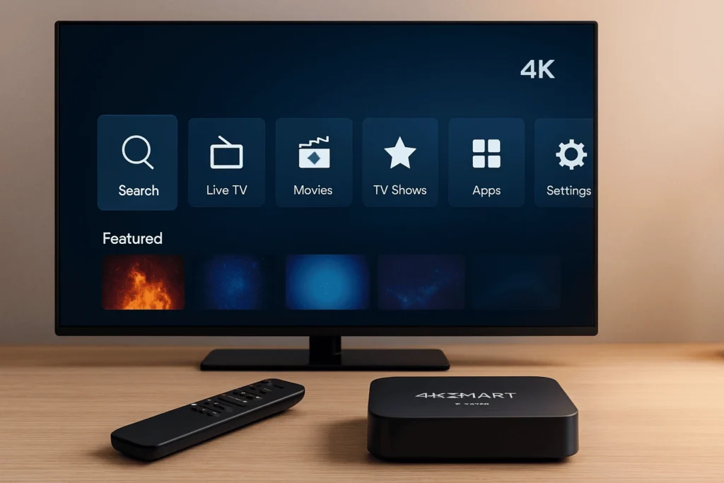 Boitier IPTV haut de gamme avec interface 4KSMART IPTV affichée sur un écran 4K dans un setup moderne.