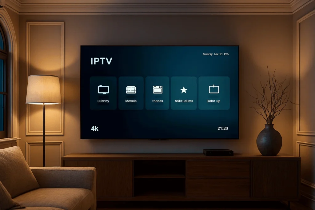 Configuration moderne d’un salon belge avec un service Fournisseur IPTV en Belgique affiché sur un écran 4K, ambiance premium et fiable.