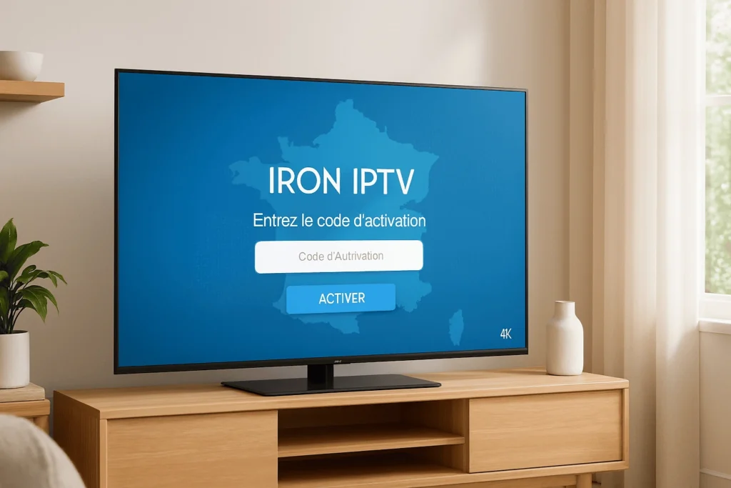 Interface d’activation premium affichant le Code d’Activation Iron IPTV sur un écran 4K dans un salon moderne