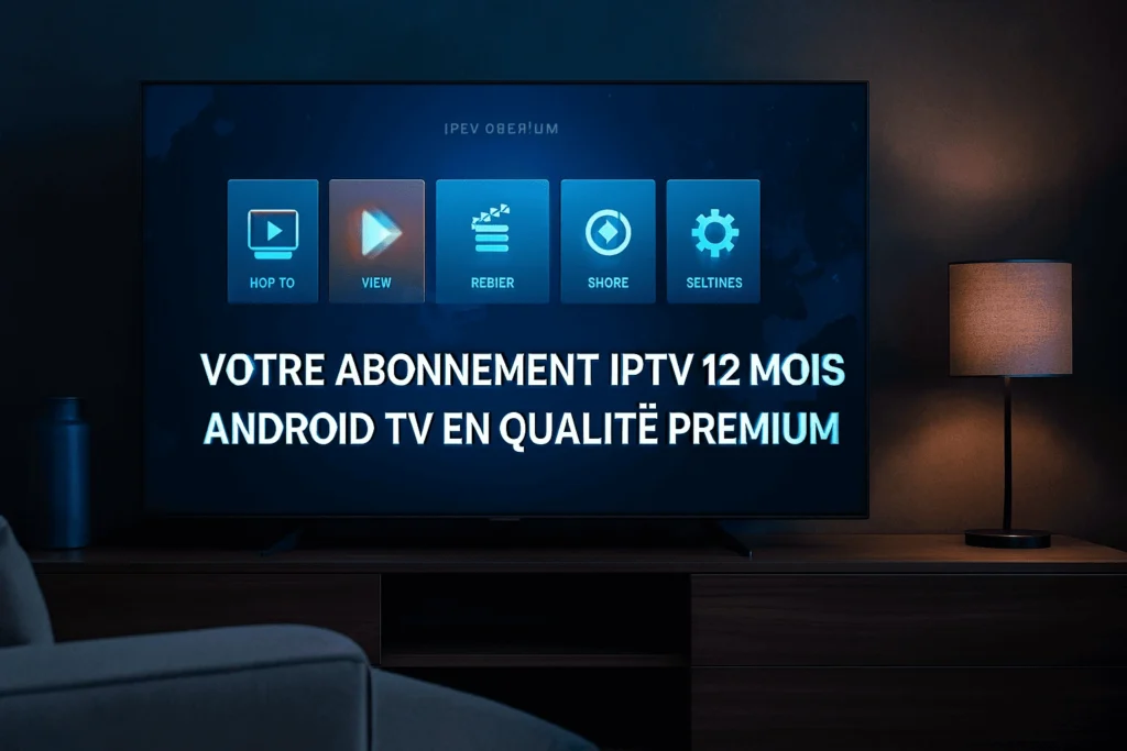 Hero banner showing a modern 4K Android TV setup with a premium IPTV 12 Mois Android TV interface for long‑term streaming.
