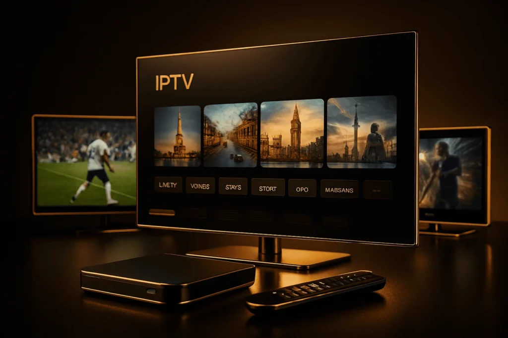 Image premium représentant l’univers gold iptv, avec une interface élégante et un style haut de gamme pour illustrer un abonnement IPTV fiable