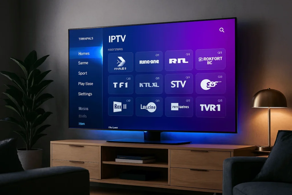 Interface moderne de atlas iptv affichée sur une smart TV avec un tableau de bord premium et des chaînes IPTV Europe en qualité 4K.