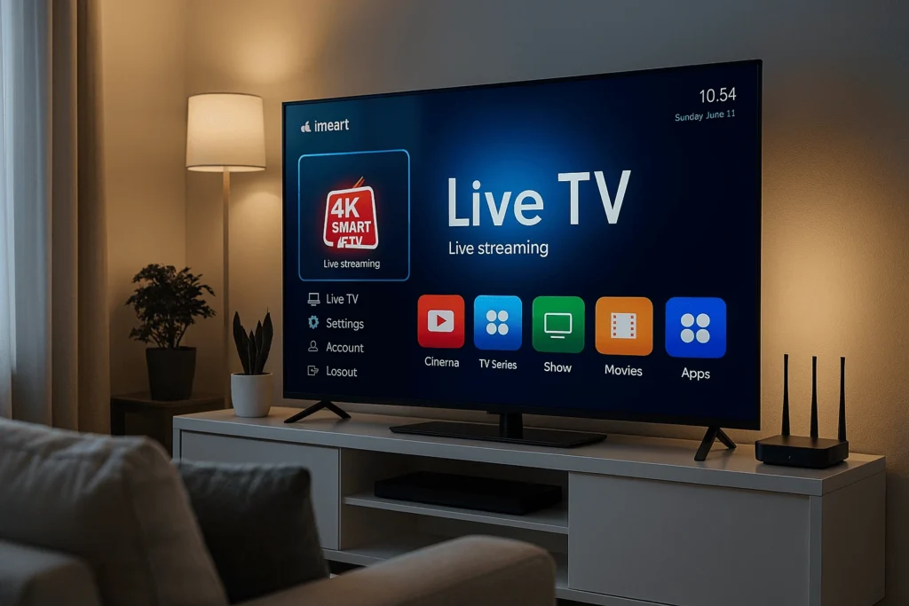 Salon moderne avec smart TV utilisant la tv sur ip pour regarder du streaming tv direct en haute qualité