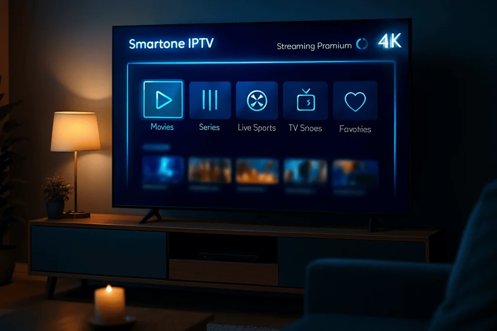 Interface premium de smartone iptv abonnement  sur un écran 4K dans un salon moderne, illustrant un service de streaming premium