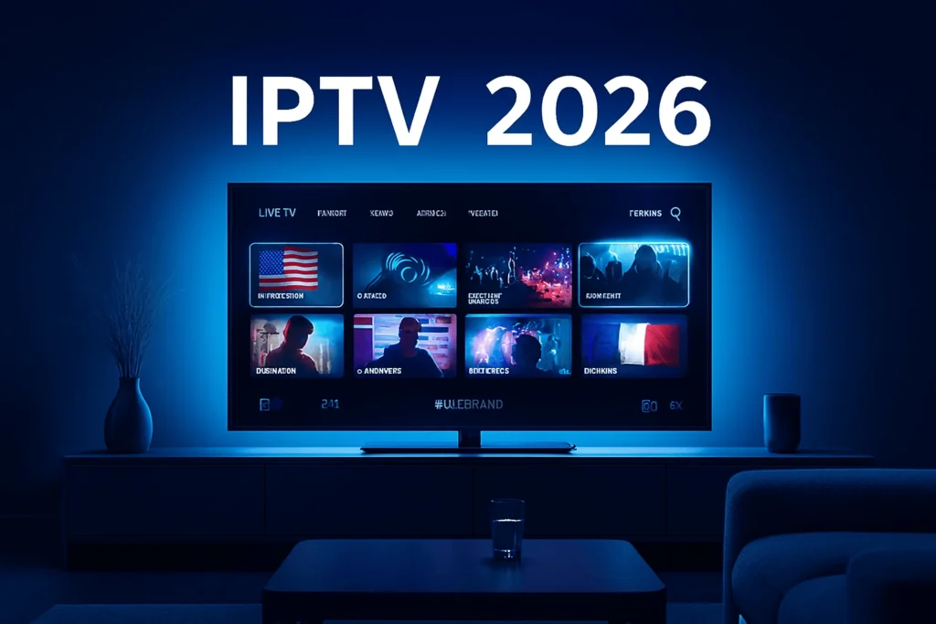 Hero banner illustrant les meilleurs abonnements IPTV 2026 avec une interface TV moderne et premium.