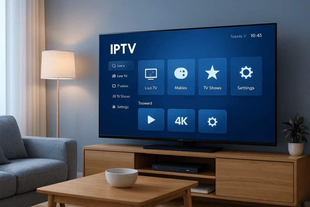 Image d’un salon moderne avec TV 4K illustrant le meilleur IPTV 2026 pour les utilisateurs français