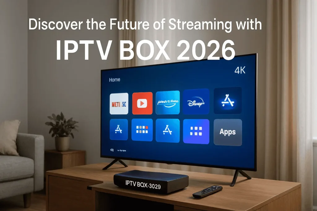 iptv box 2026 in a modern living room setup with 4K streaming apps displayed