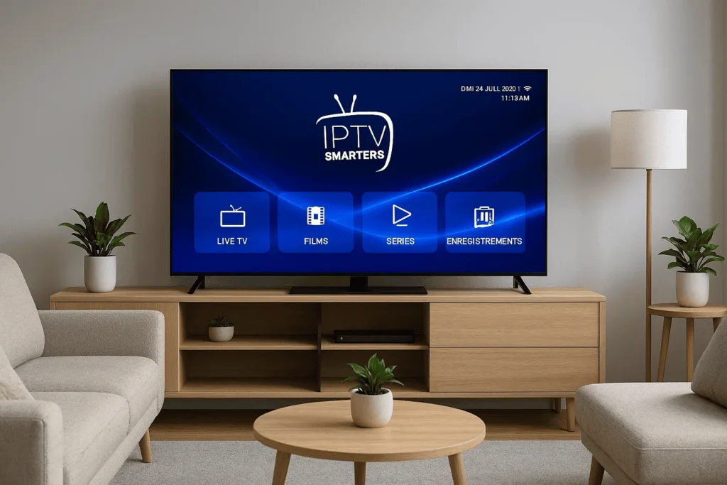 iptv smarters avis – interface on smart TV in modern living room, family-friendly IPTV setup.