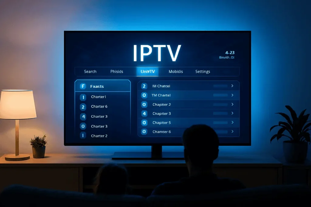 Hero banner showing IPTV interface with xtream iptv m3u playlist on smart TV in a modern living room.