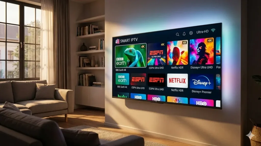  Smart TV showcasing 4KSMART IPTV interface with vivid channels.