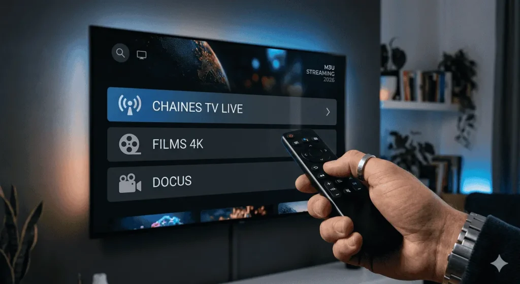 Un utilisateur navigue dans le menu d'une Smart TV moderne affichant "STREAMING m3u iptv 2026" pour regarder des chaînes en direct et du contenu 4K via un abonnement m3u iptv france de qualité