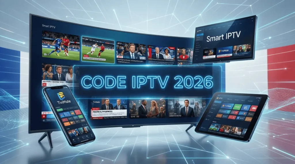 Futuristic IPTV dashboard displaying live 4K streams with activation code interface — visual guide to using Code IPTV 2026 for Smart IPTV and IPTV France 2026 services.