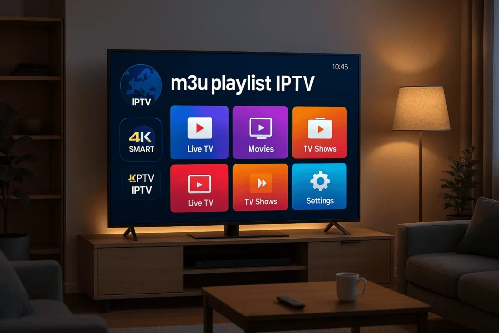 m3u playlist iptv interface on smart TV with IPTV Europe and 4KSMART IPTV branding