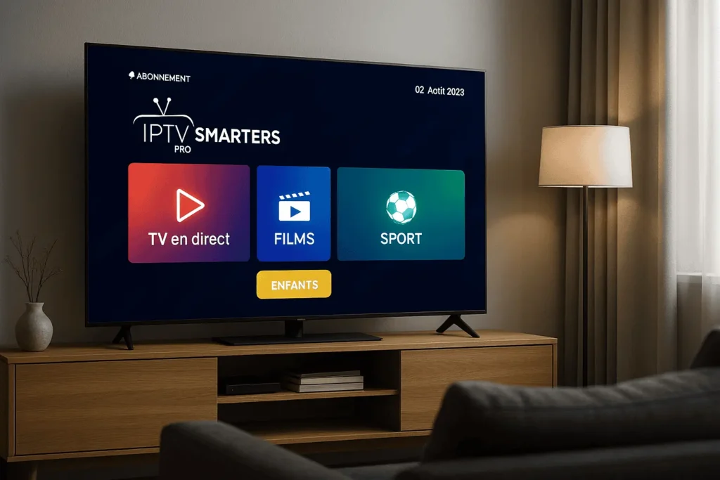 iptv smarters pro abonnement interface on smart TV with premium features highlighted.