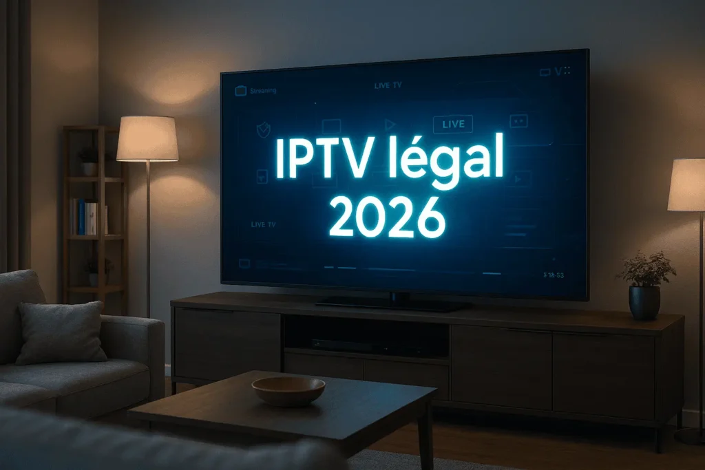 Post image showing IPTV légal 2026 streaming on a smart TV in a modern living room.