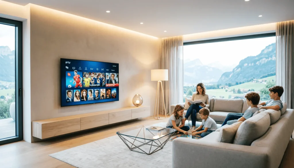 Post image highlighting iptv pas cher suisse with a modern Swiss living room and IPTV interface.