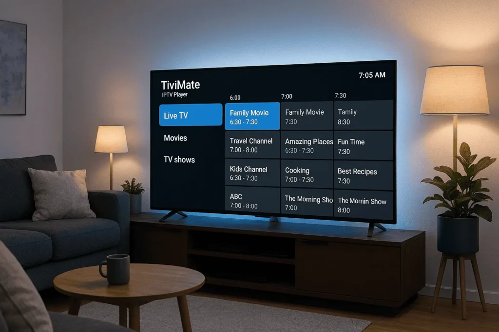 Tivimate IPTV Player interface on smart TV for premium IPTV streaming in France 2026