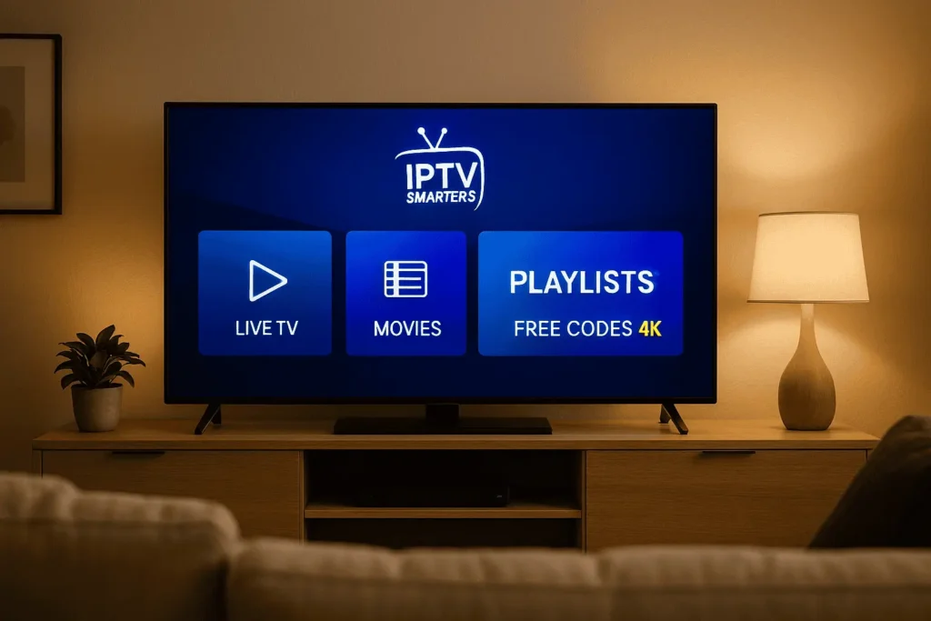 iptv smarters firestick free codes featured image showing IPTV setup in a modern living room.