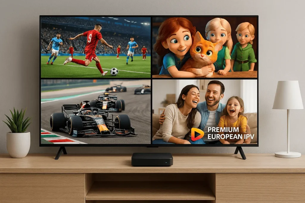 vip iptv box in modern living room streaming 4K sport and family entertainment