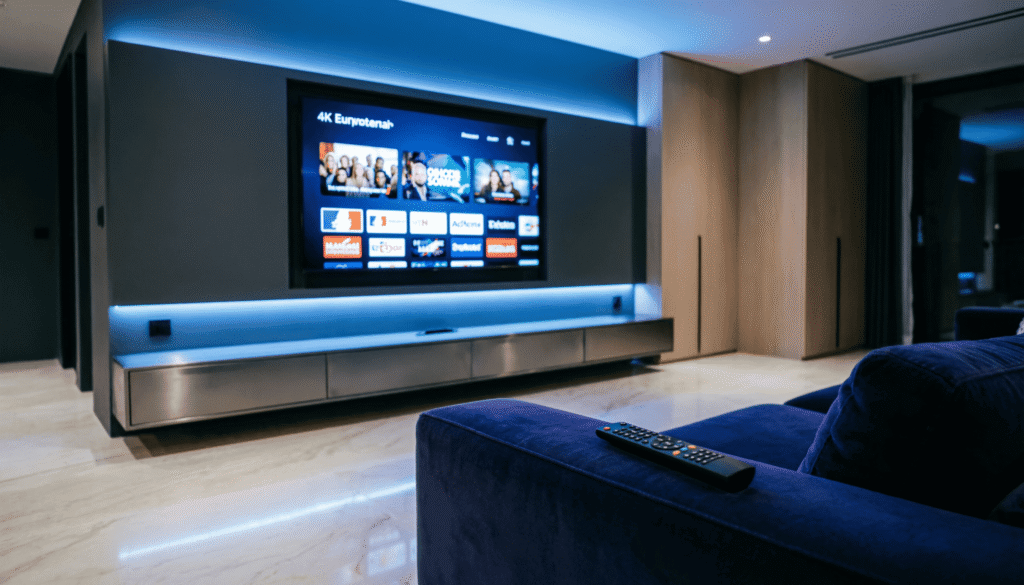 smart iptv liste 4K sur smart TV dans un salon moderne — IPTV-4KSMART