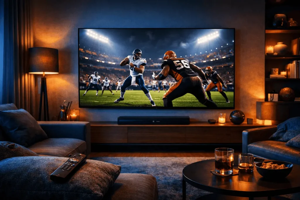 Serveur IPTV foot en 4K sur Smart TV dans un salon moderne — meilleur abonnement IPTV football France