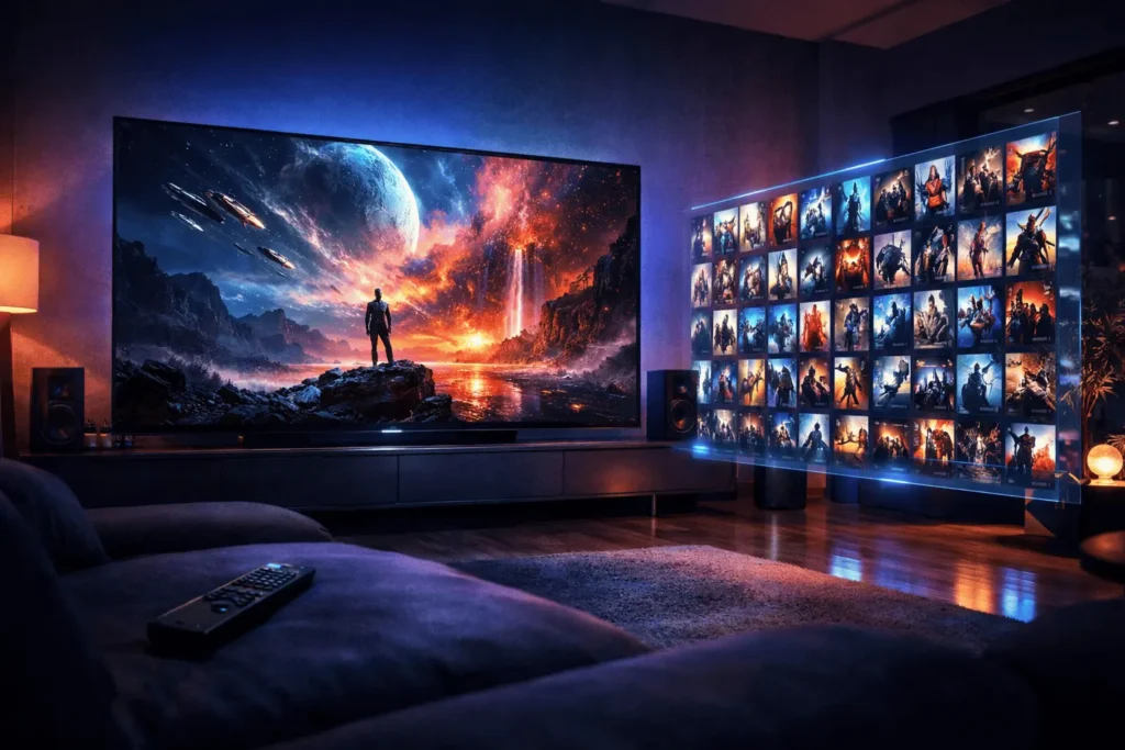 Interface IPTV films pas cher sur grand écran 4K dans un salon moderne — IPTV-4KSMART 2026