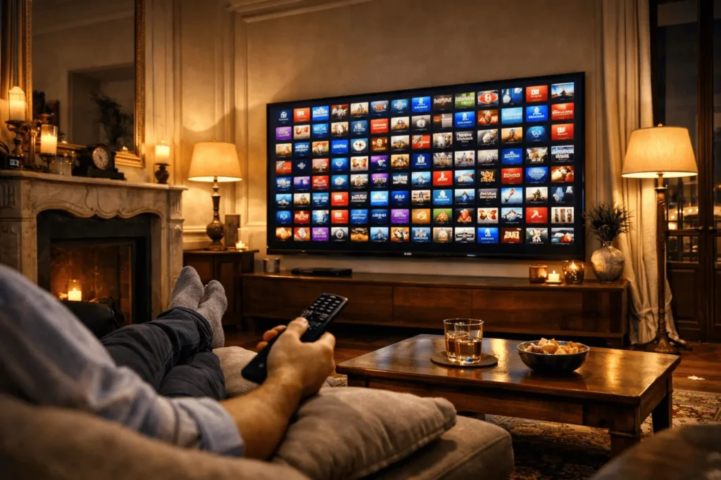 iptv annuel pas cher - abonnement IPTV4KSMART sur Smart TV 4K dans un salon français