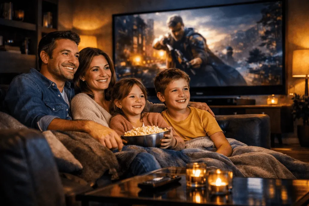 Abonnement IPTV stable 12 mois - famille regardant IPTV 4K sans coupure en France