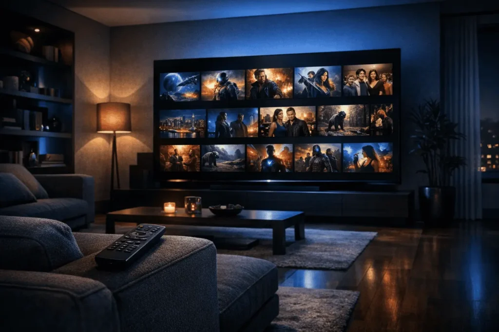 iptv abonnement moins cher - interface streaming 4K sur télévision moderne dans salon