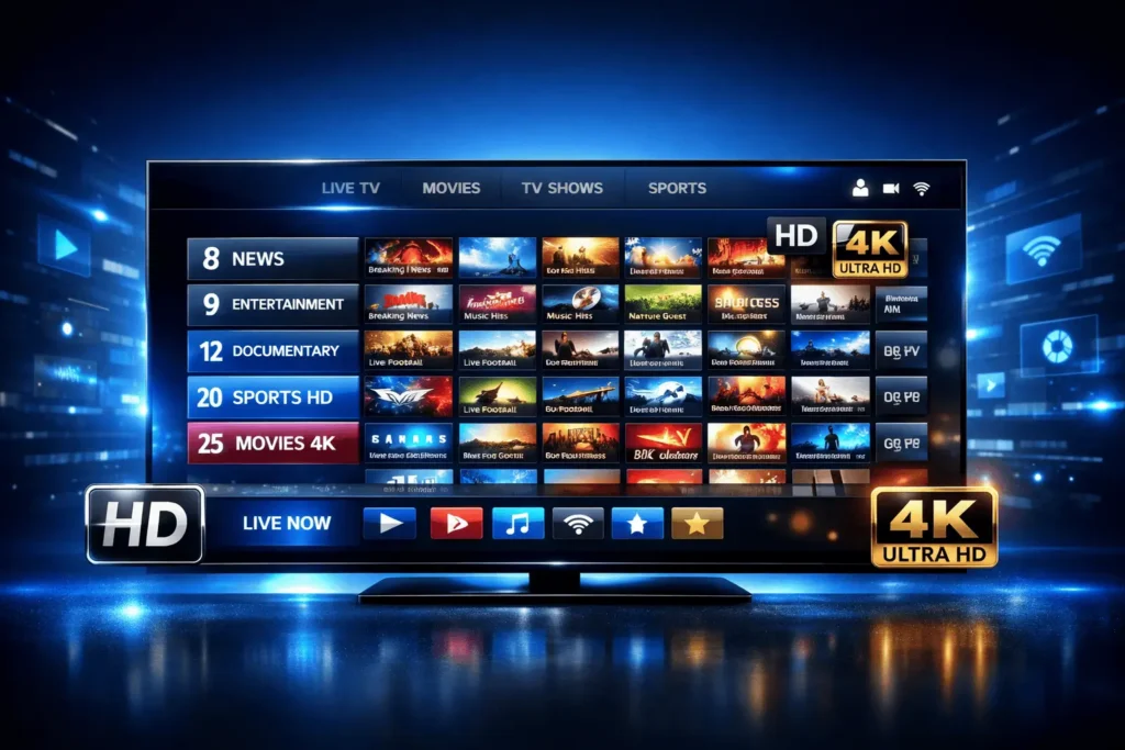 Meilleur abonnement IPTV Xtream – Interface 4K HD sur grand écran avec catalogue de chaînes premium