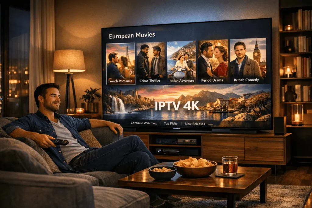 Acheter abonnement IPTV fiable France 4K – homme regardant la télévision en qualité 4K avec IPTV4KSMART