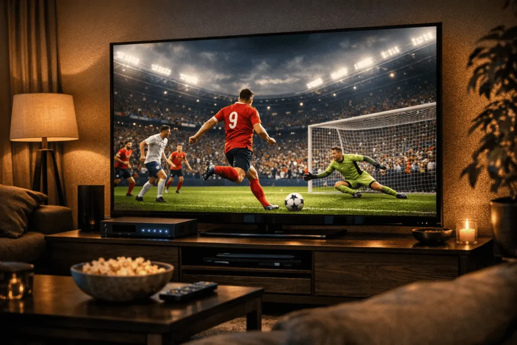 iptv encoder box connecté à une smart TV 4K dans un salon moderne pour un streaming IPTV stable