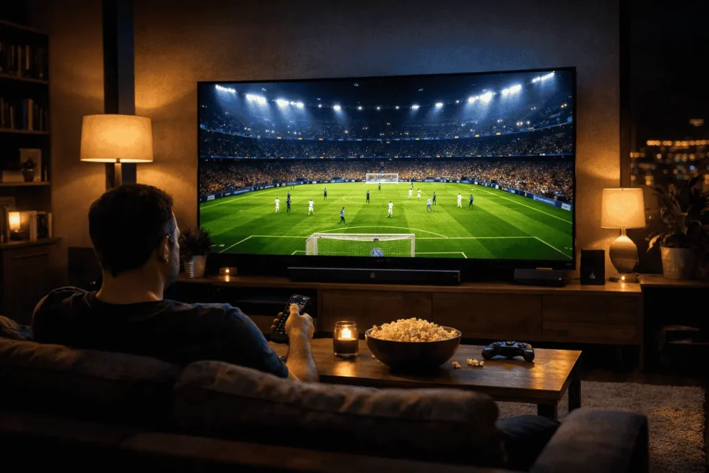 abonnement IPTV 4K sport - homme regardant un match de football en 4K sur grand écran