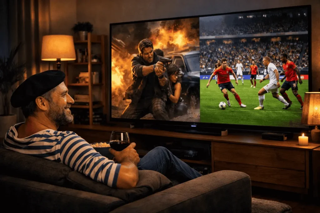 Client satisfait regardant son service IPTV 4K stable sans coupure sur smart TV dans son salon