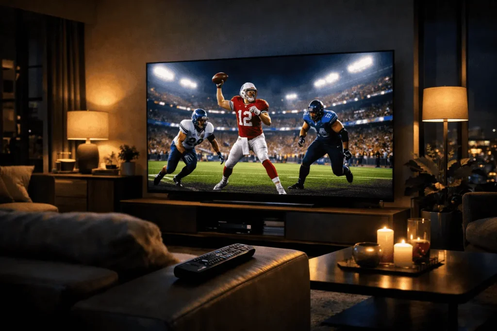 Salon moderne avec grand écran 4K diffusant un match de foot — abonnement chaines sport en direct