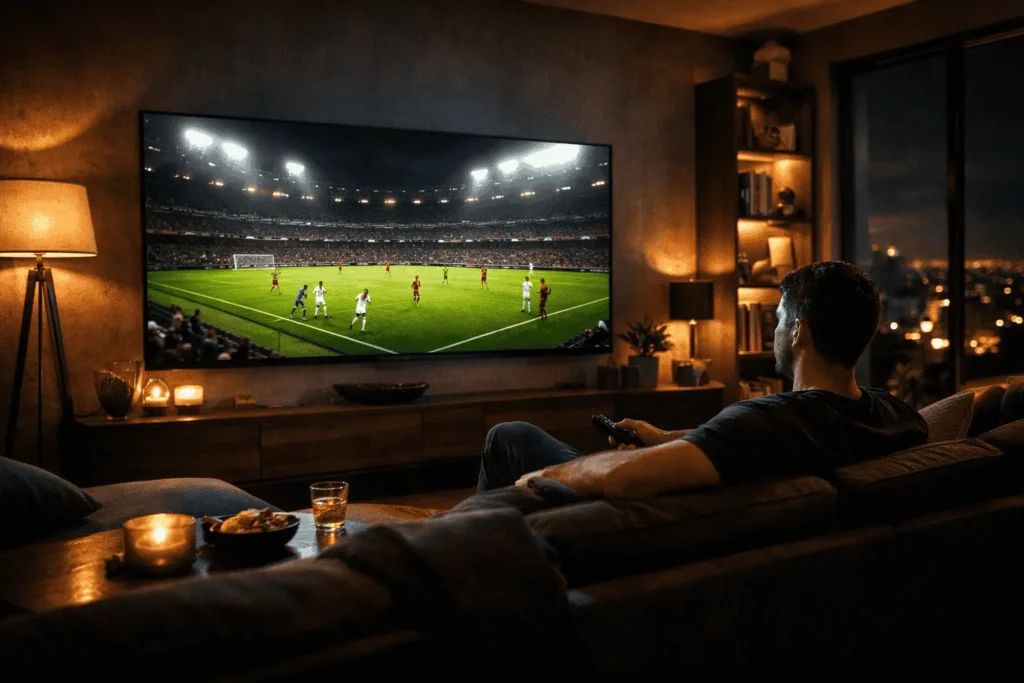 meilleure chaine sport streaming 4K sur grand écran TV salon moderne