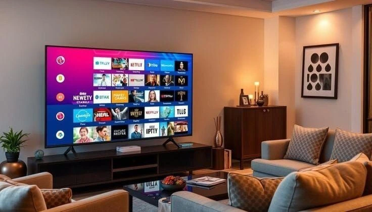 iptv service premium sur smart TV 4K dans un salon moderne en France