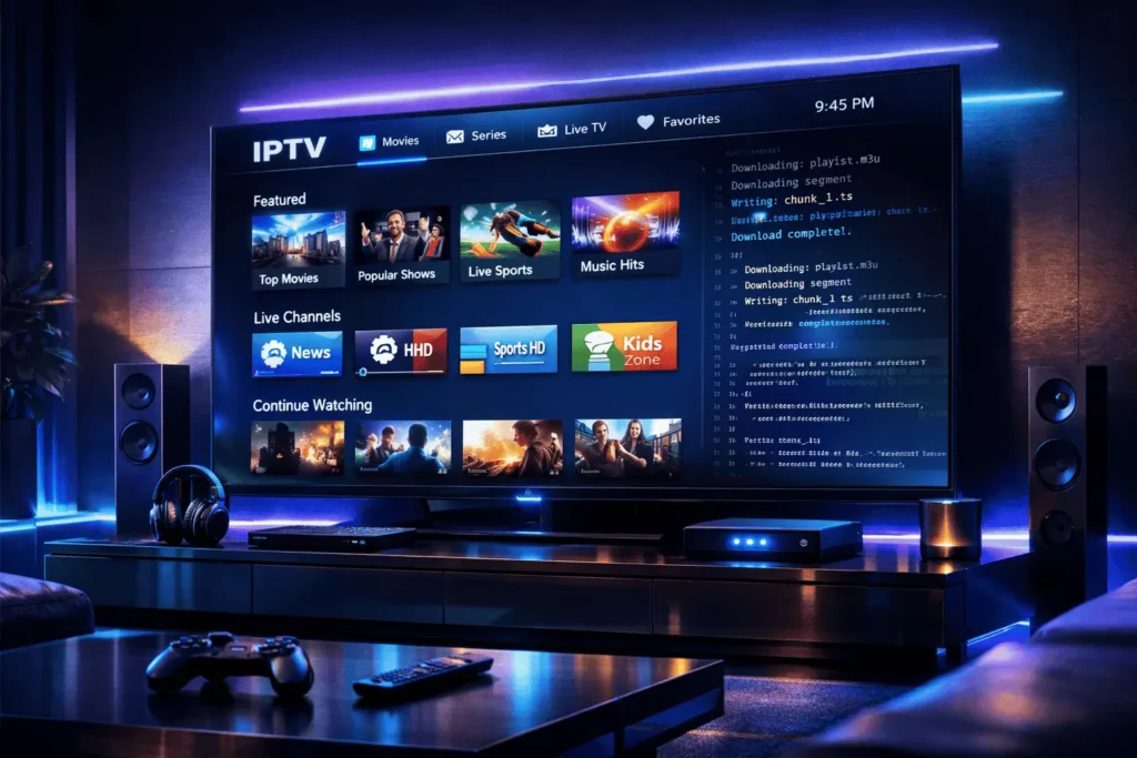 iptv downloader code – interface IPTV 4K sur smart TV avec streaming haute qualité