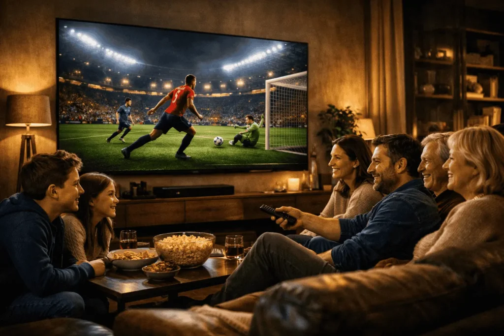 Prix abonnement IPTV 4K — famille française regardant un match en qualité Ultra HD sur grand écran