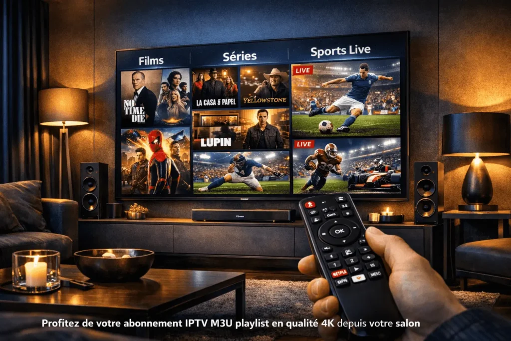abonnement iptv m3u playlist 4K sur smart TV salon moderne