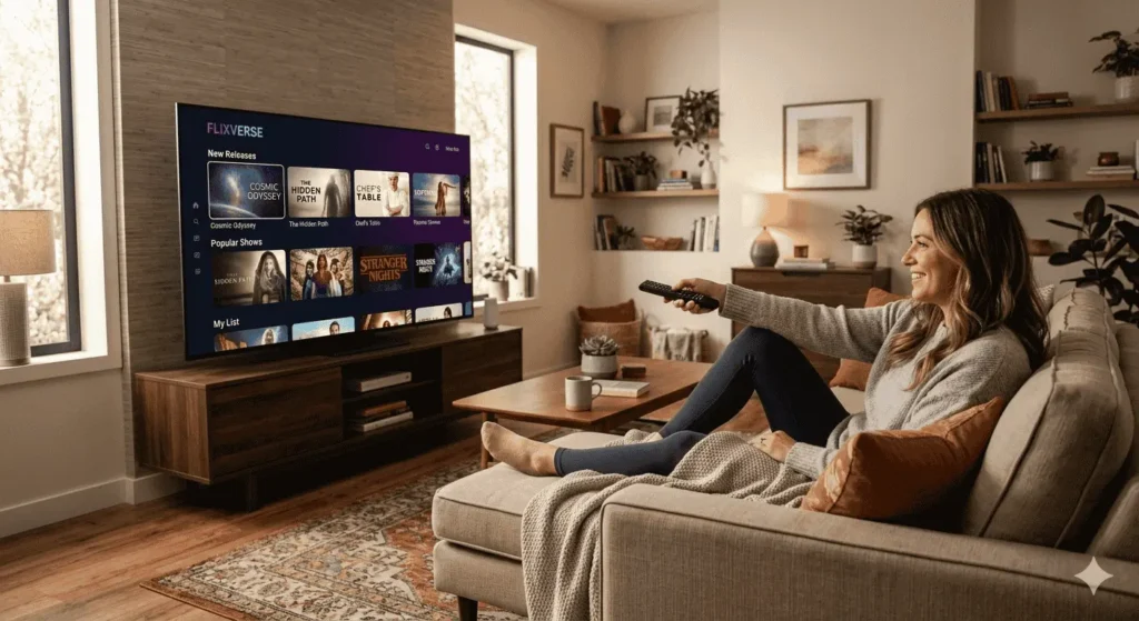 Personne testant un lien m3u gratuit sur sa Smart TV le soir