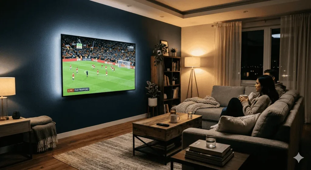 Playlist tv sport sur téléviseur connecté pour regarder match en direct dans un salon moderne