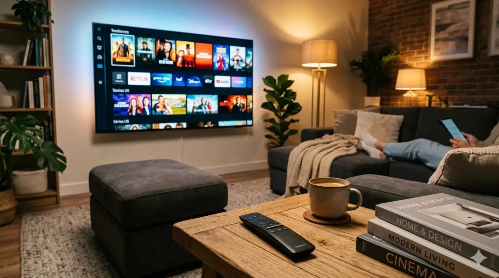  Meilleur m3u gratuit en 2026 : salon avec Smart TV affichant une interface IPTV